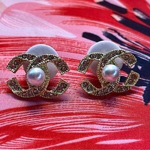 New Gold Tone Crystal Monogram Pearl Stud Earrings | Classic Luxe Style